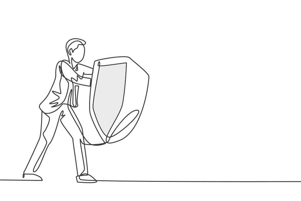 A drawing of a man pushing a security icon